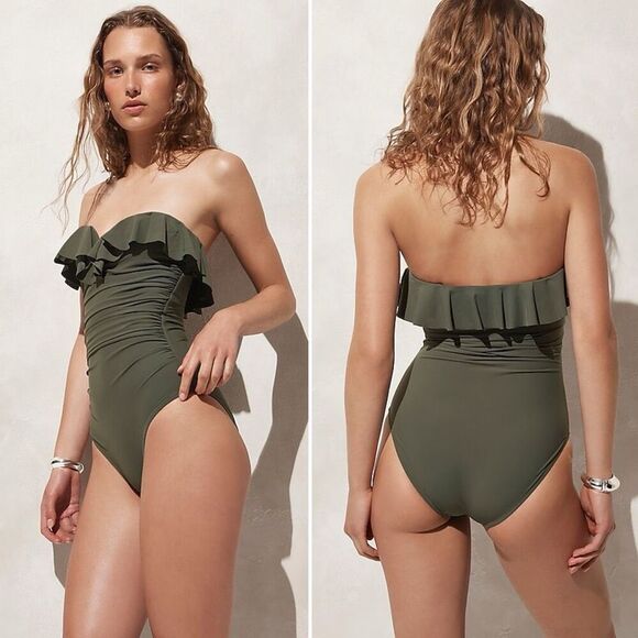 J.Crew Matte Ruched One-piece Ruffles Bandeau Swimsuit Sz 6 Removable Straps NWT - Picture 10 of 11